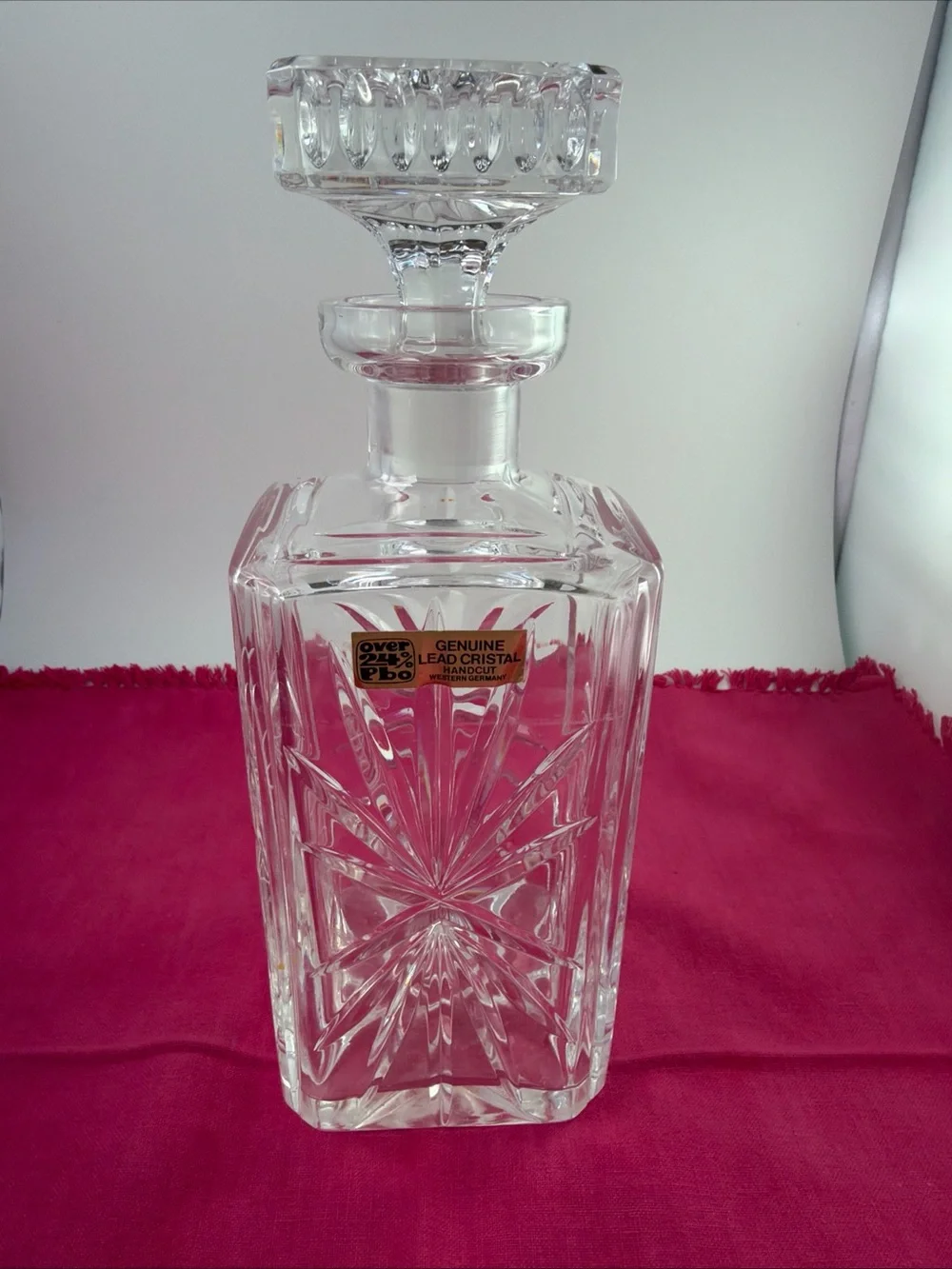 Vintage Clear Cut Crystal Pinwheel Square Decanter with Stopper
